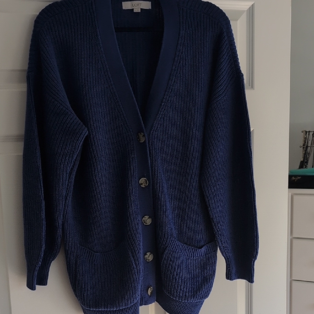 LOFT Cobalt BlueRibbed Button-Front Cardigan with Pockets